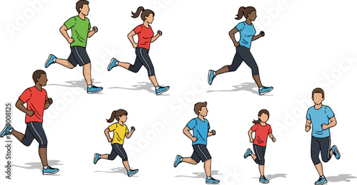 People running. Men and Women jogging. Marathon race concept. Sport and fitness design template with runners and athletes in flat style. Vector illustration.