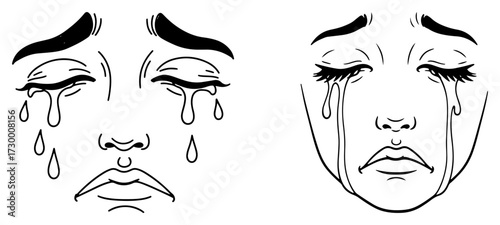 Set of Crying Faces with Tears Hand Drawn