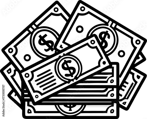 Banknotes , vector line art icon, black and white, white background