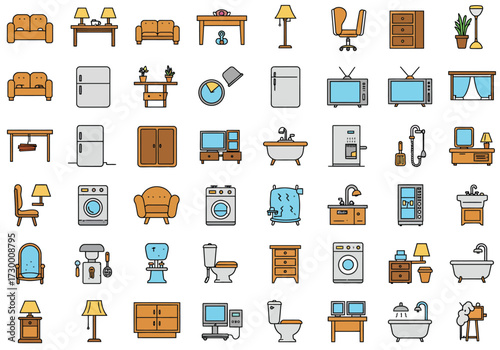 Vector art of a vibrant collection of home interior icons, showcasing essential elements like furniture, appliances, and decorative items, all rendered in a clean, modern style