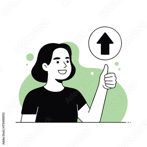 Vector art of a happy woman with short dark hair is giving a thumbs up, indicating approval and success an arrow points upward