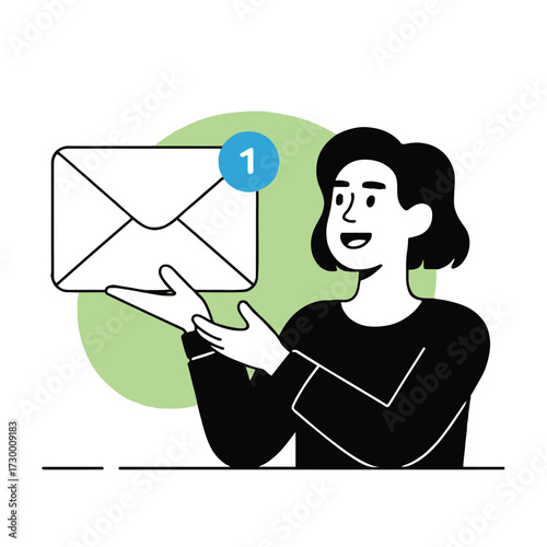 Vector art of smiling woman presenting a new email notification, highlighting communication and digital connection