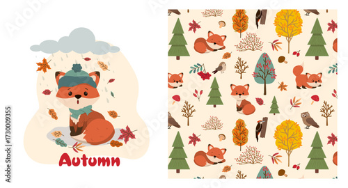 An adorable vector illustration of a fox in a hat and scarf sitting under falling autumn leaves and raindrops. The fox wears a red scarf, adding a charming touch to the autumn landscape.