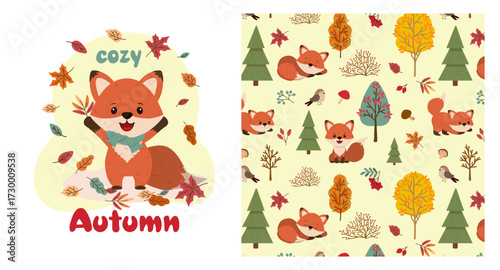 A happy fox in a warm scarf under autumn leaves. Vector illustration with a lovely forest, funny foxes in various poses, conveying the charm of autumn through playful and cozy scenes.