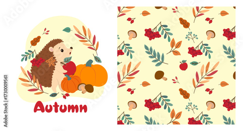 Adorable vector illustration of a hedgehog surrounded by autumn bounty of pumpkins, mushrooms, and colorful autumn leaves. Pattern with autumn leaves. Perfect for autumn-themed celebrations and harves