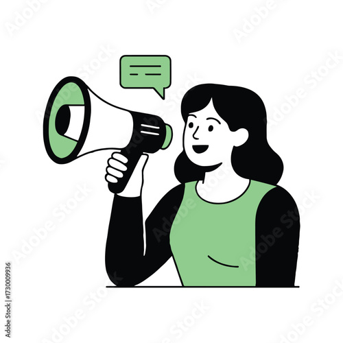 Vector art of a woman is using a megaphone to make an announcement, she is wearing a green shirt and speaking into the microphone