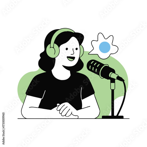 Vector art of a cheerful woman with headphones is recording a podcast in a studio, speaking into a microphone, she is wearing a black tshirt