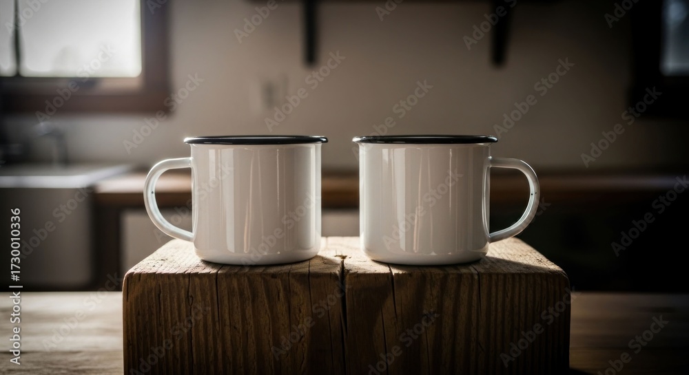 Fototapeta premium Two white enamel mugs on rustic wooden blocks in a kitchen