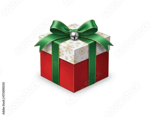 Festive Gift Box A square red box with a cream top decorated with gold snowflakes, tied with a green satin bow and a silver bead