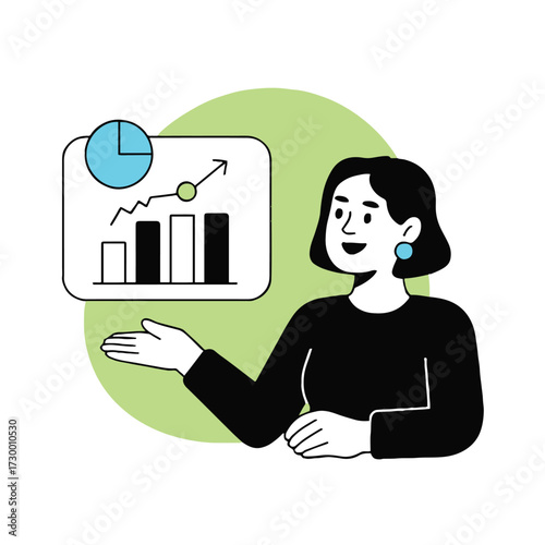 Vector art of a woman is presenting a graph with a rising trend she is smiling and gesturing towards the graph with her hand