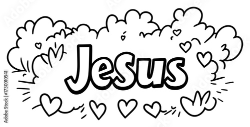 Cute Jesus Lettering With Hearts and Clouds