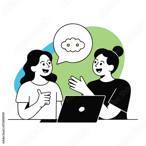 Vector art of two women are working together on a laptop and discussing ideas, they are smiling and collaborating on a project