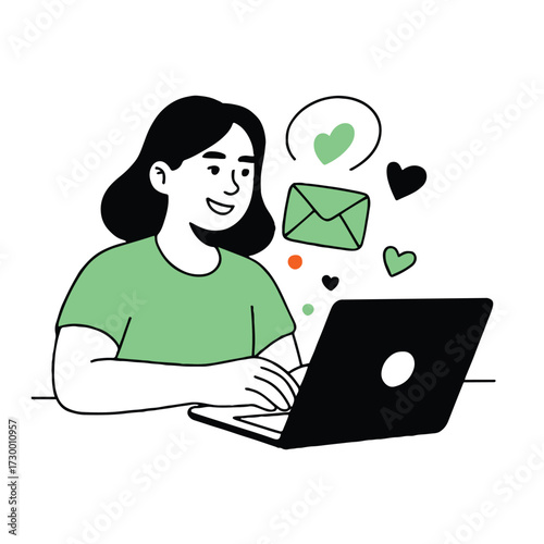 Vector art of a woman is using her laptop to send emails and connect with friends, she is smiling and enjoying her time online