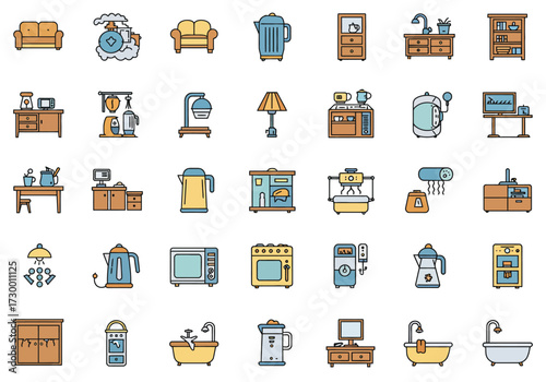 Vector art of a vibrant collection of home interior icons, showcasing essential elements like furniture, appliances, and decorative items, all rendered in a clean, modern style