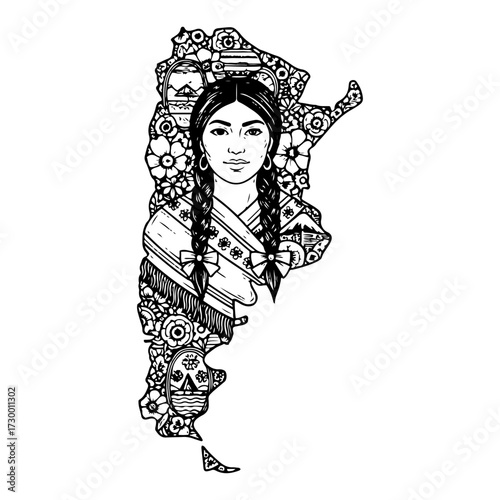 Argentinian Woman with Braids on Argentina Map