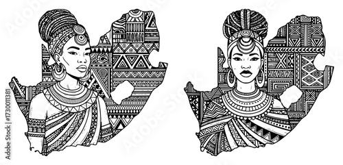African Women Portraits in South Africa Map with Tribal Patterns