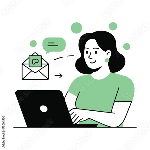 Vector art of a woman is sending an email on her laptop, she is communicating with others, feeling happy and productive with her work