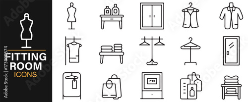 Clothing store fitting room icons – line art illustrations of changing spaces and furniture