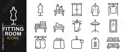Modern outline fitting room illustrations – fashion store changing area icon collection