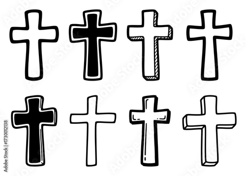 Hand Drawn Doodle Christian Cross Symbol Set