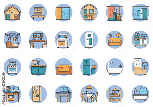 Vector art of a vibrant collection of home interior icons, showcasing essential elements like furniture, appliances, and decorative items, all rendered in a clean, modern style