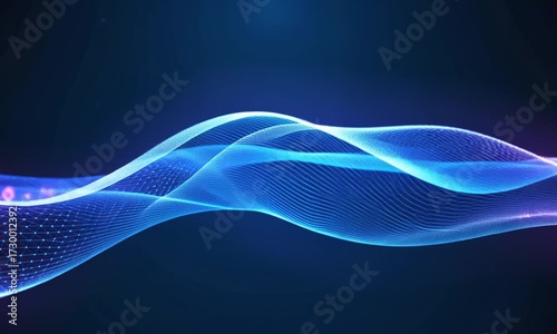 Abstract blue and purple digital network wave with glowing particles image photo