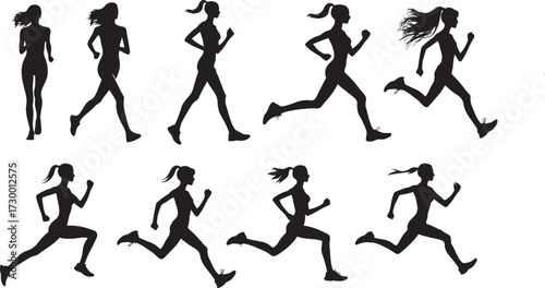 Running girl silhouette. Running men and women, vector set of isolated silhouettes