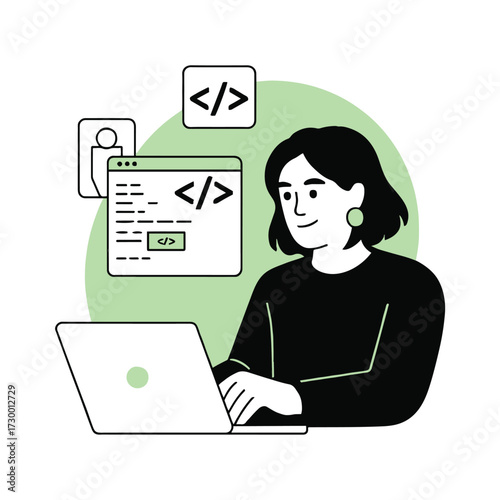 Vector art of a woman coding on a laptop concept of software development, programming, web design, and technology in the digital age