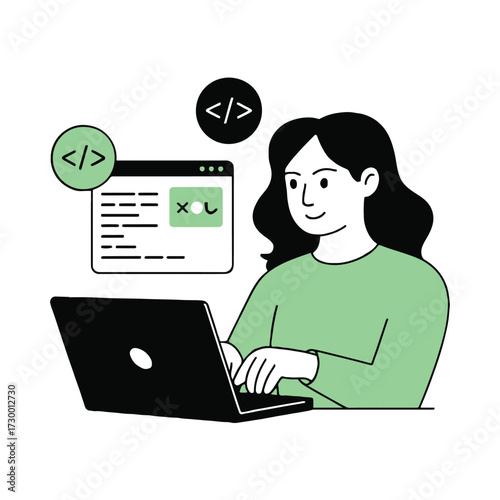 Vector art of a woman coding on a laptop concept of software development, programming, web design, and technology in the digital age