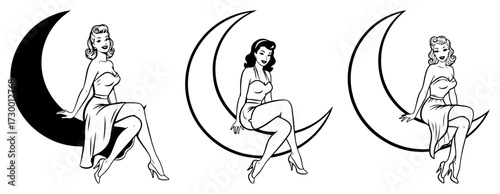 Retro Pin Up Girl Sitting on a Crescent Moon