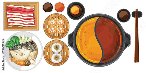 Top View of Asian Hot Pot Meal with Ingredients