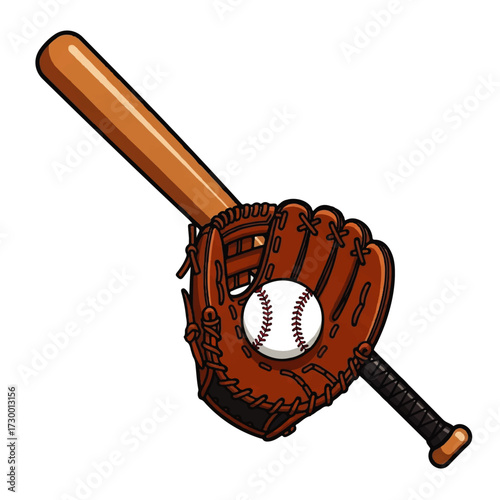 Baseball essentials A cartoon illustration featuring a glove, bat, and ball, ready for the game
