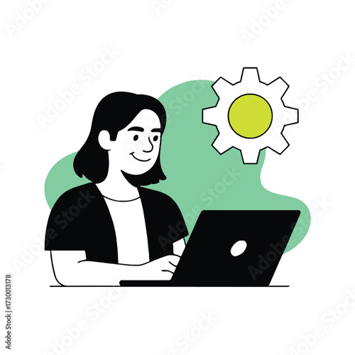 Vector art of a cheerful woman is working on her laptop, with a gear icon in the background, she is smiling and seems to be enjoying her work
