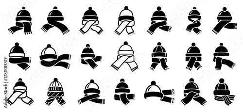 Set of Winter Hats and Scarfs Icons