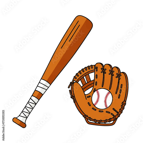 Baseball gear illustration a bat, glove, and ball, ready for the game, isolated on white