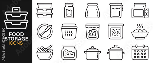 Line art food storage icons – kitchen pantry design with jars, pots, and meal prep boxes