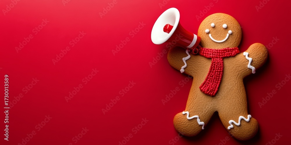 Naklejka premium Close-up gingerbread figure holding megaphone on vibrant red background for holiday announcement