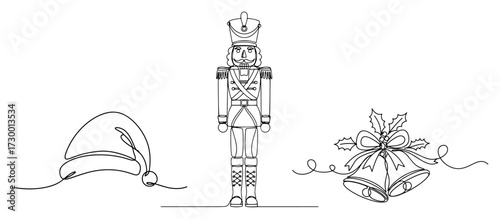 Christmas Elements Nutcracker Santa Hat and Bells in One Line Art