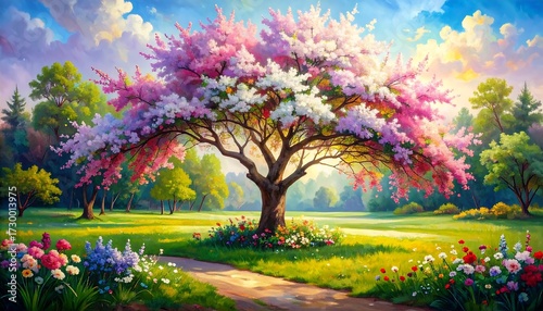 Fototapeta Naklejka Na Ścianę i Meble -  Colorful springtime tree in a meadow