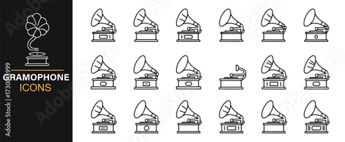 Minimalist gramophone vector icons – antique record players in modern outline style