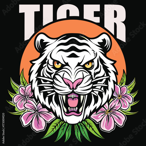 White tiger head illustration with flowers aggressive predator vector design for t-shirt art and print