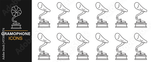 Line art gramophone symbols – phonograph and retro music equipment collection