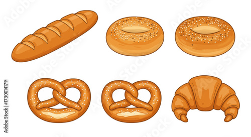 Set of bakery products including a baguette, two bagels, two pretzels, and a croissant