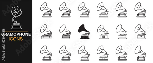 Gramophone vector icon set – antique phonograph line art for nostalgia and history projects