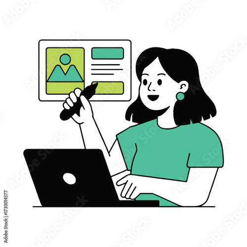 Vector art of a woman designing content on a laptop, illustrating creativity, digital design, and online media creation for modern communication