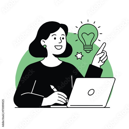 Vector art of a woman is working on her laptop and has a great idea, she is smiling and pointing at the light bulb that represents her idea