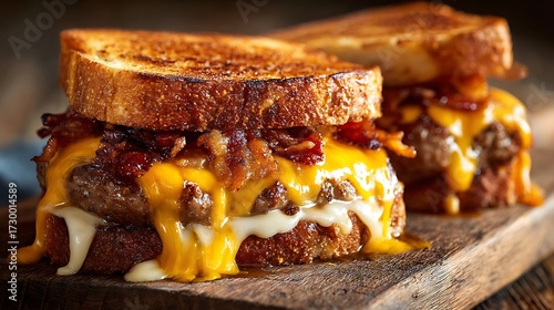 A melted cheese, bacon, and burger sandwich served on toasted bread, with a juicy patty, crispy bacon, and golden melted cheese oozing out, placed on a rustic wooden board