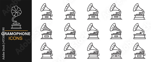 Gramophone icon set in line art – antique phonograph and retro record player illustrations