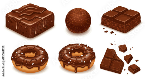 Delicious Chocolate Treats Brownies, Doughnuts, and Chocolate Bars - Vector Illustrations