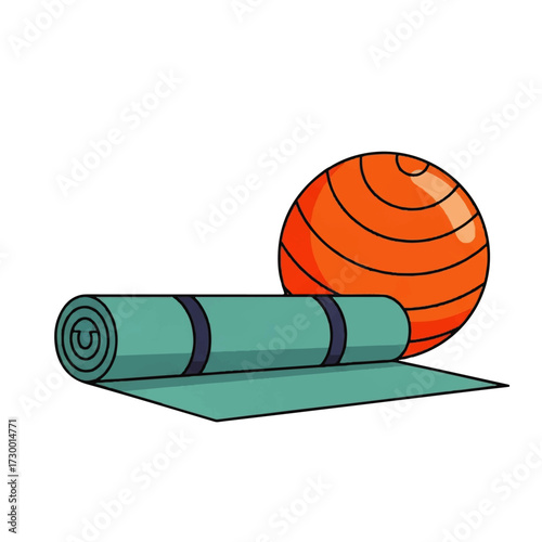 Key fitness and wellness equipment for home workouts a rolled yoga mat and a vibrant orange exercise ball, ideal for stretching, core strength, and maintaining a healthy lifestyle